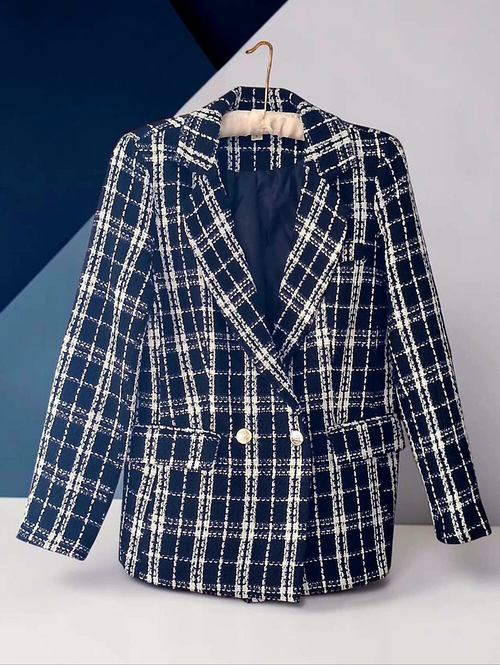 Indigo Rose Black and White Plaid Double-Breasted Tweed Blazer Women's Size S